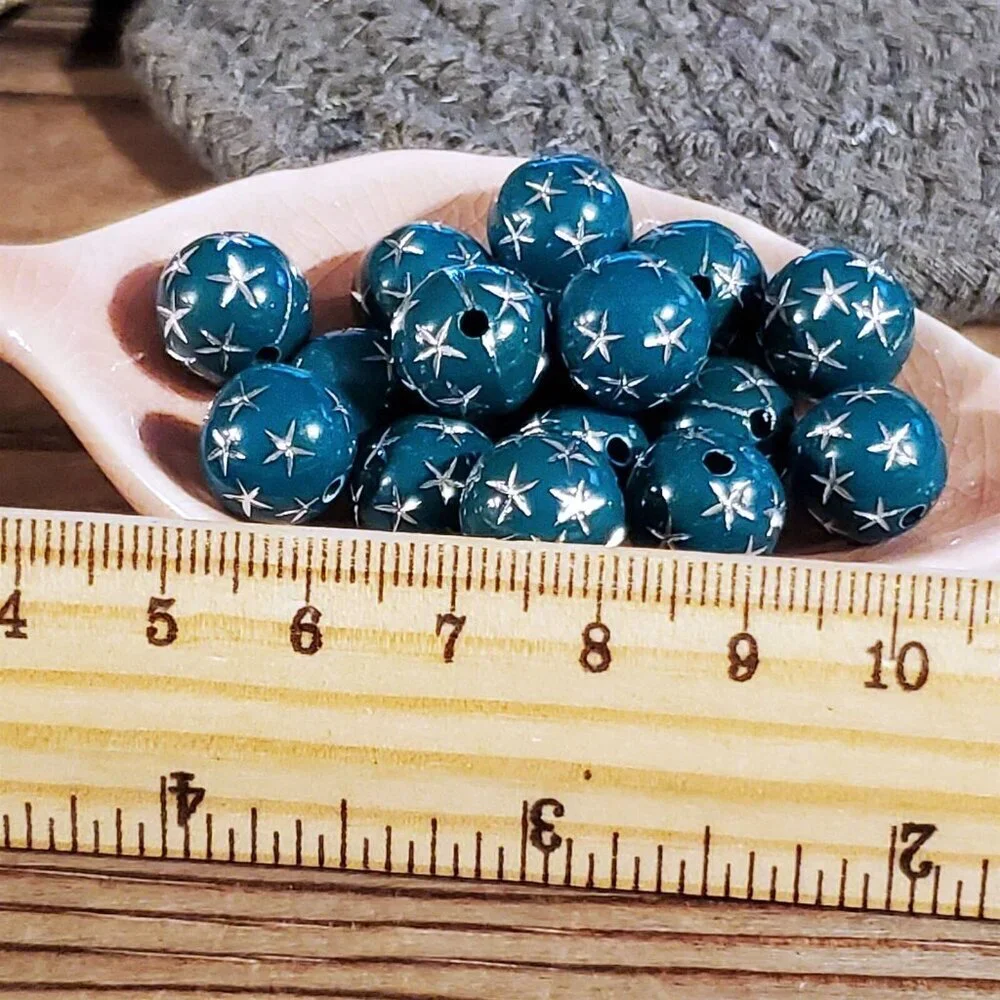 Vintage Retro Teal Green Silver Stars 12mm Round Acrylic Shabby Beads 10 pcs